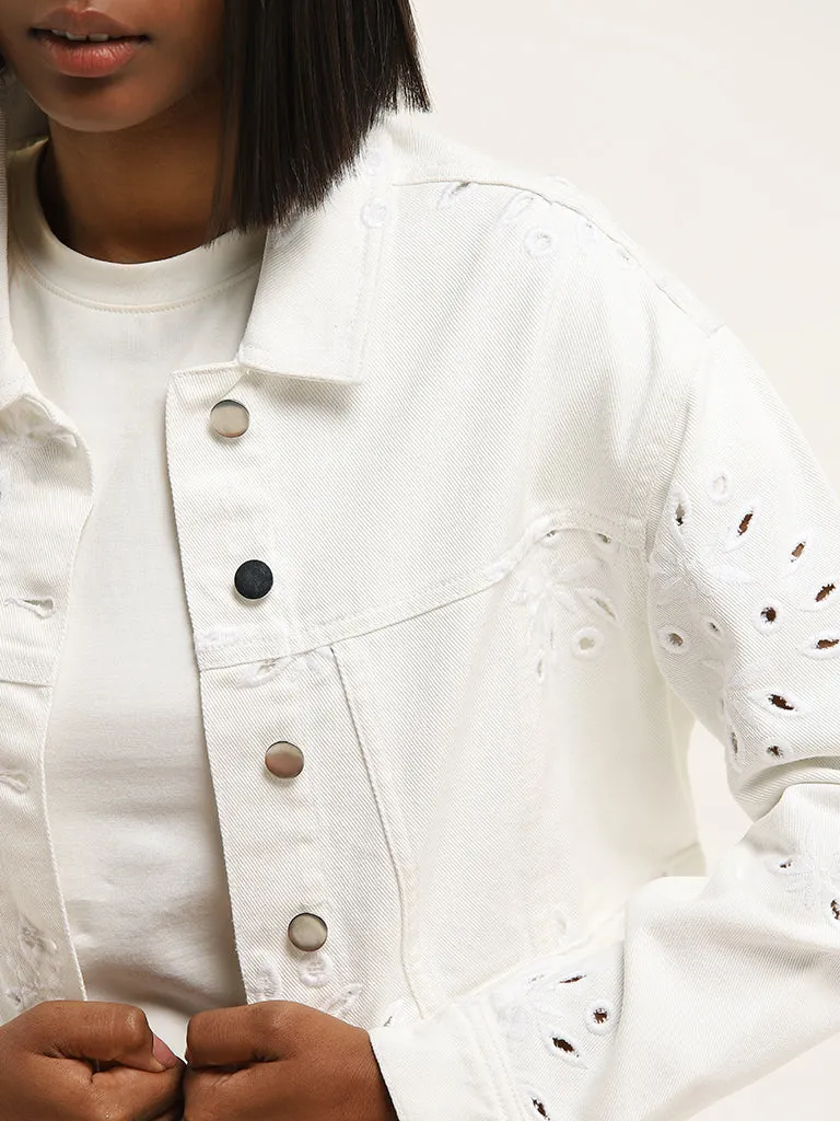 Nuon White Schiffli Design Denim Jacket