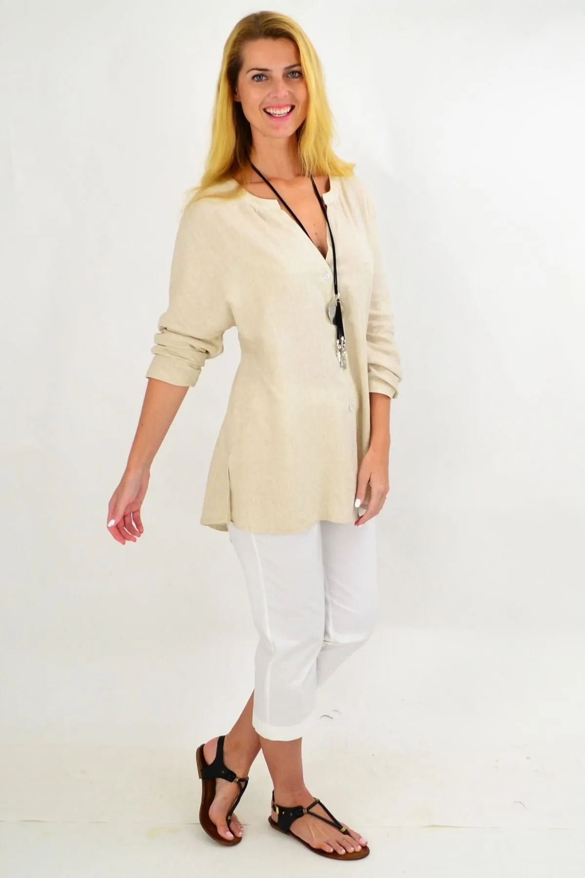 Oatmeal V Neck Linen Shirt