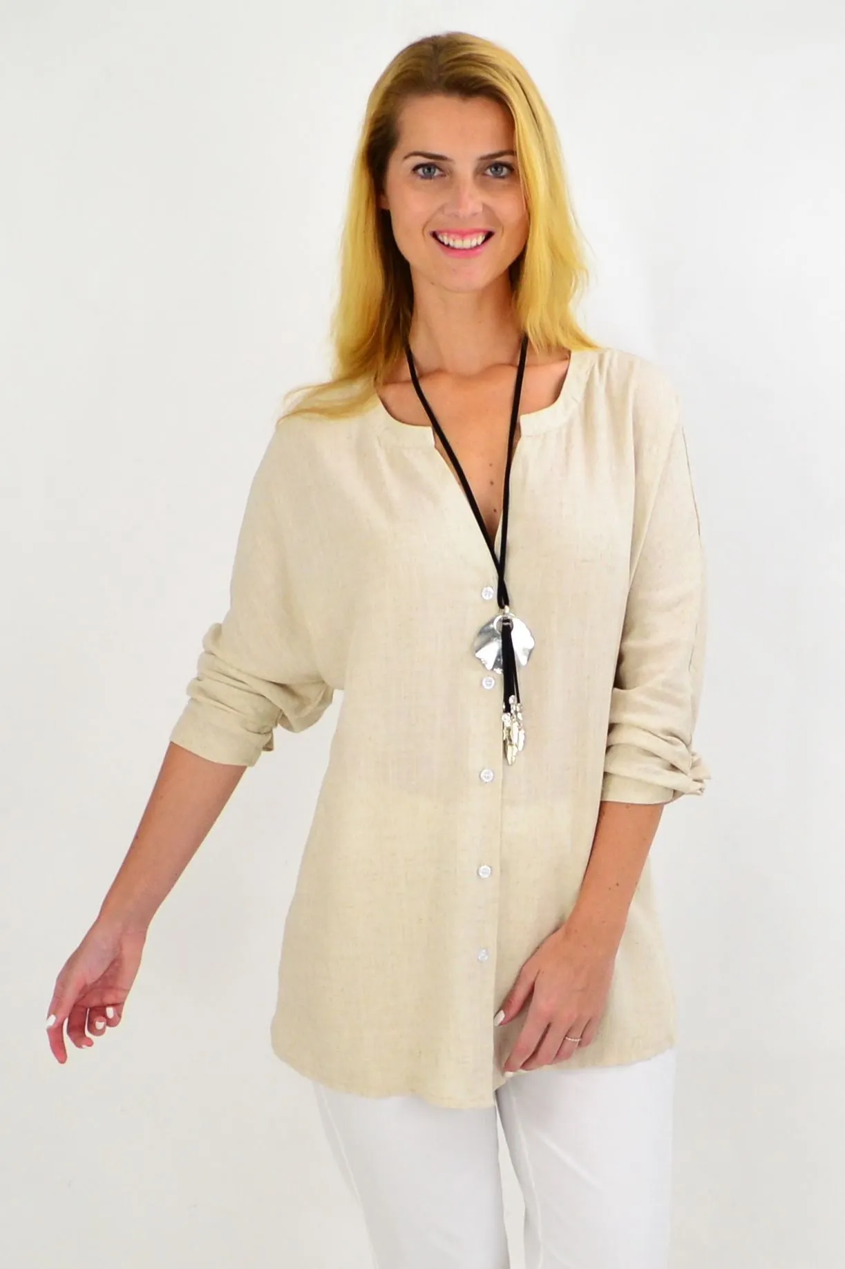 Oatmeal V Neck Linen Shirt