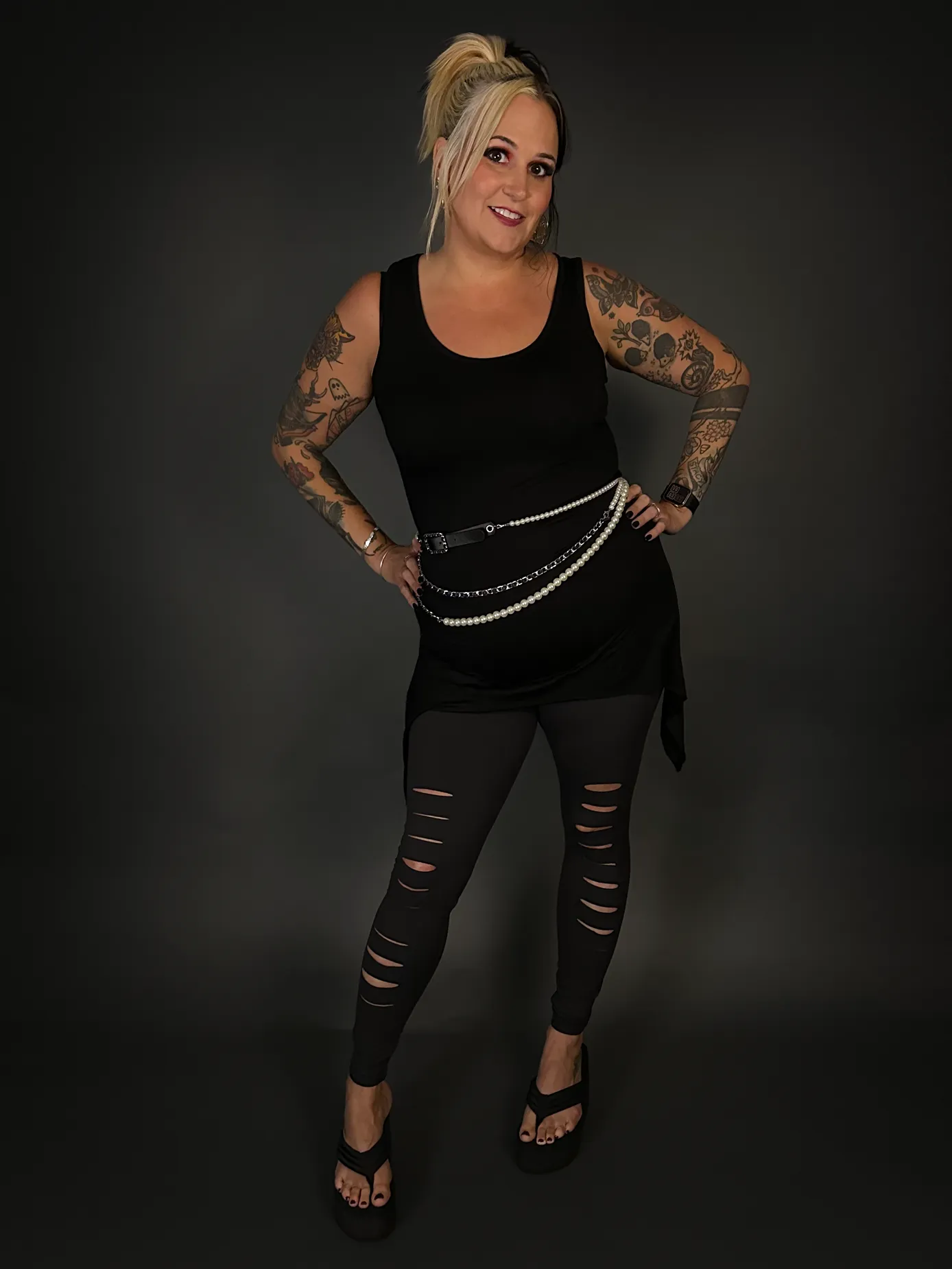 Outfit Set - Goth Pointy Bottom Stretch Camisole Dress & Charcoal Ripped Leggings