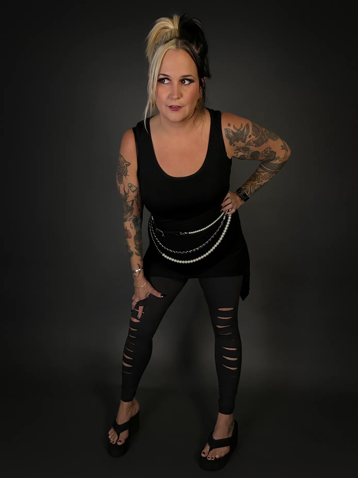 Outfit Set - Goth Pointy Bottom Stretch Camisole Dress & Charcoal Ripped Leggings