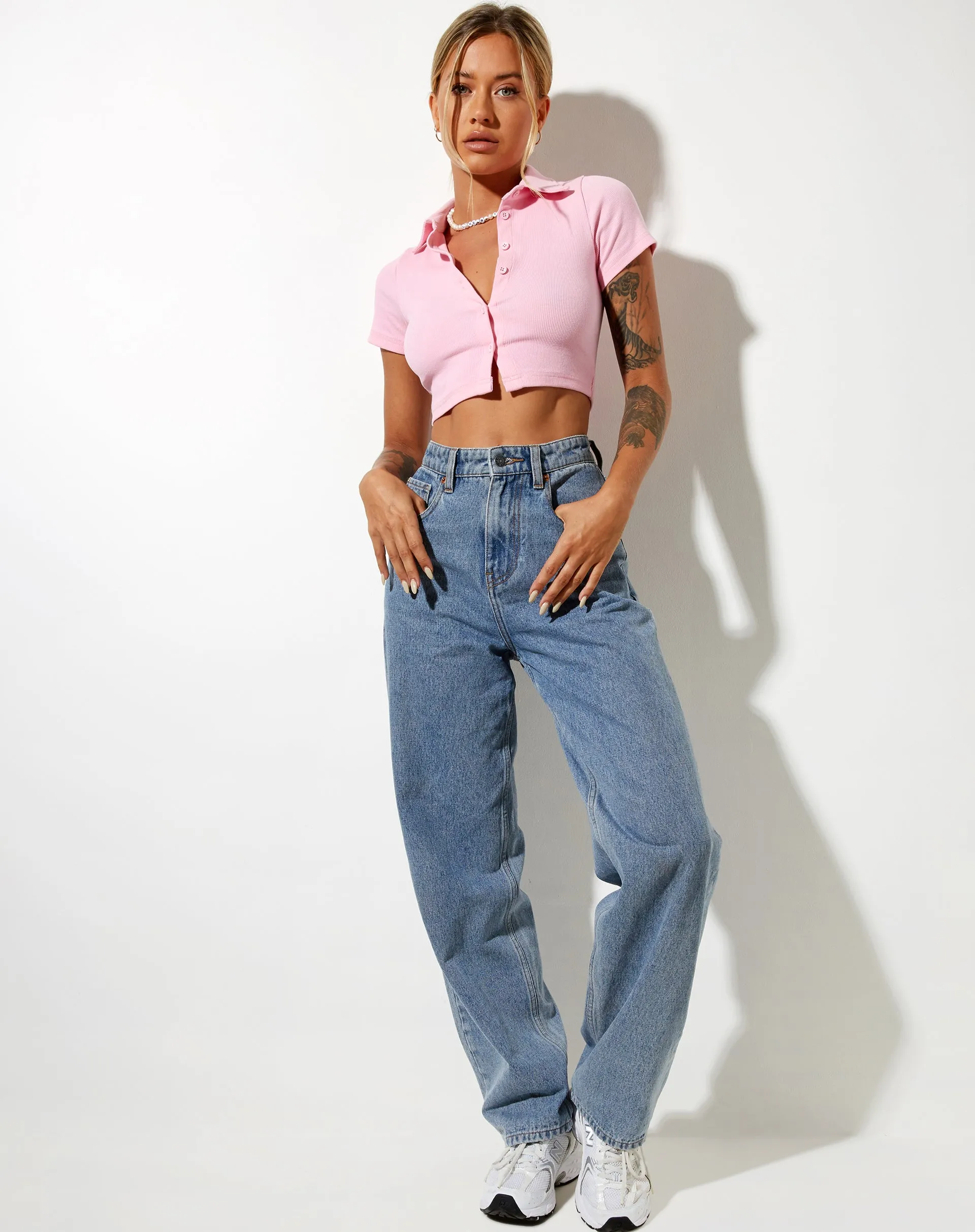 Panya Cropped Shirt in Rib Baby Pink