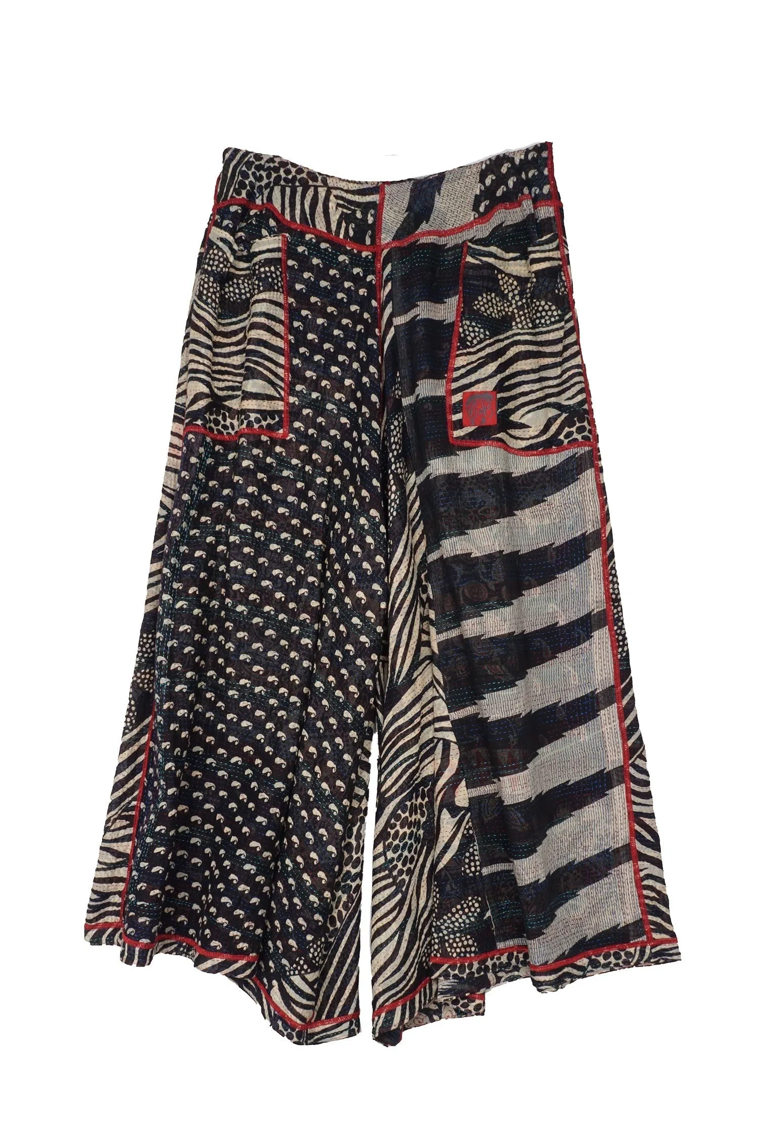 PATCHED PRINT KANTHA WIDE LEG PANTS - pp2623-blk -