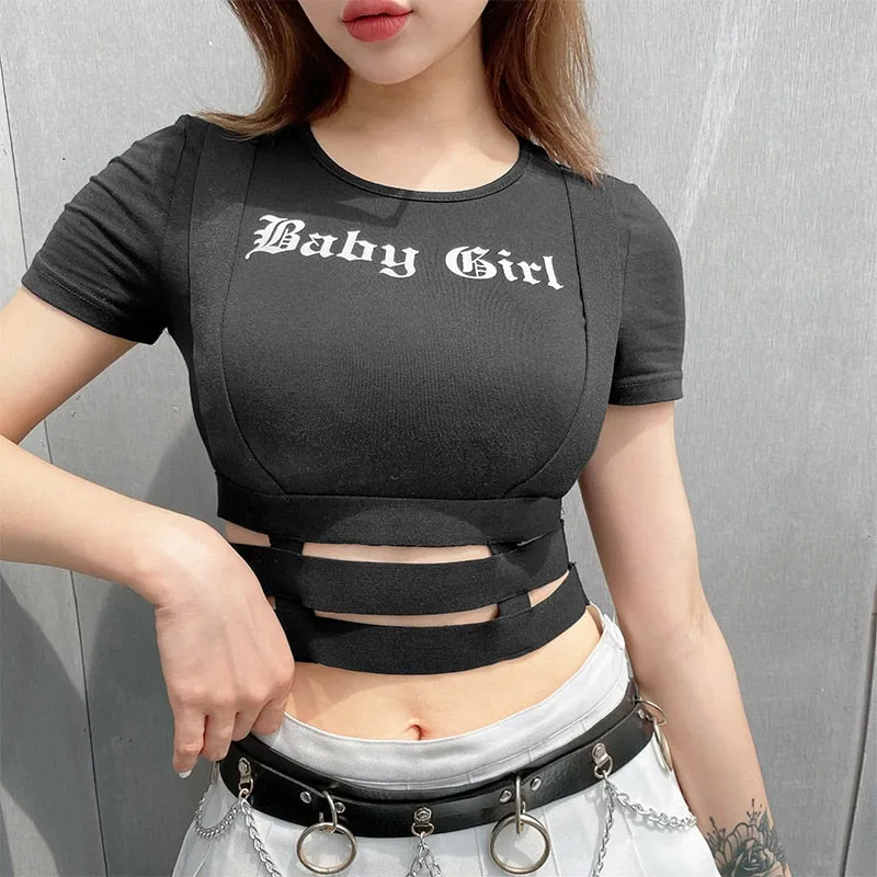 Patchwork Ribbon Hollow Out Gothic Crop Top Female Short Sleeve Summer Tshirt Letter Print Black Streetwear Top Tees