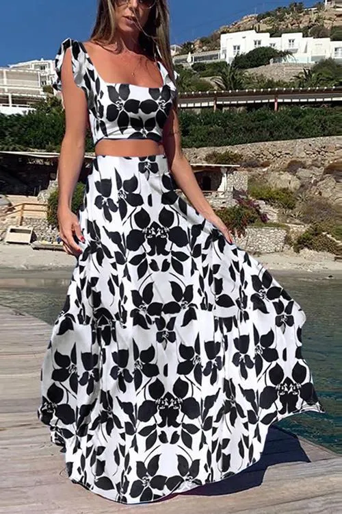 Print Bow Tie Crop Maxi Skirts Set