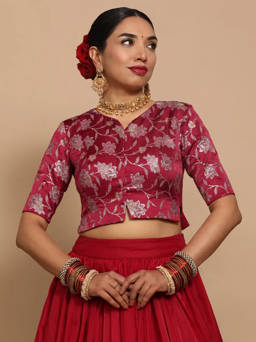 Riyana x Tyohaar | Elbow Sleeves Satin Viscose Saree Blouse in Red Meenakari Fabric