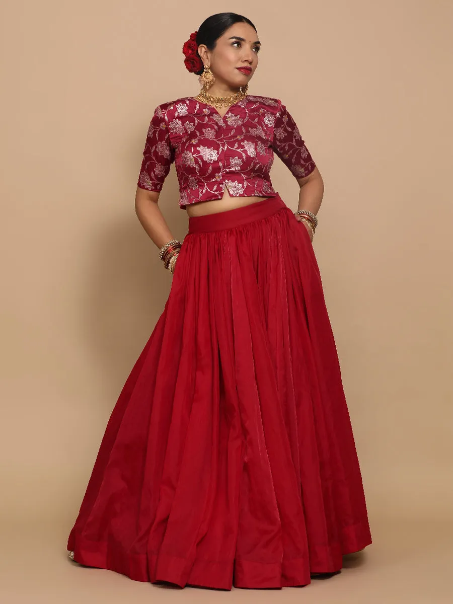 Riyana x Tyohaar | Elbow Sleeves Satin Viscose Saree Blouse in Red Meenakari Fabric