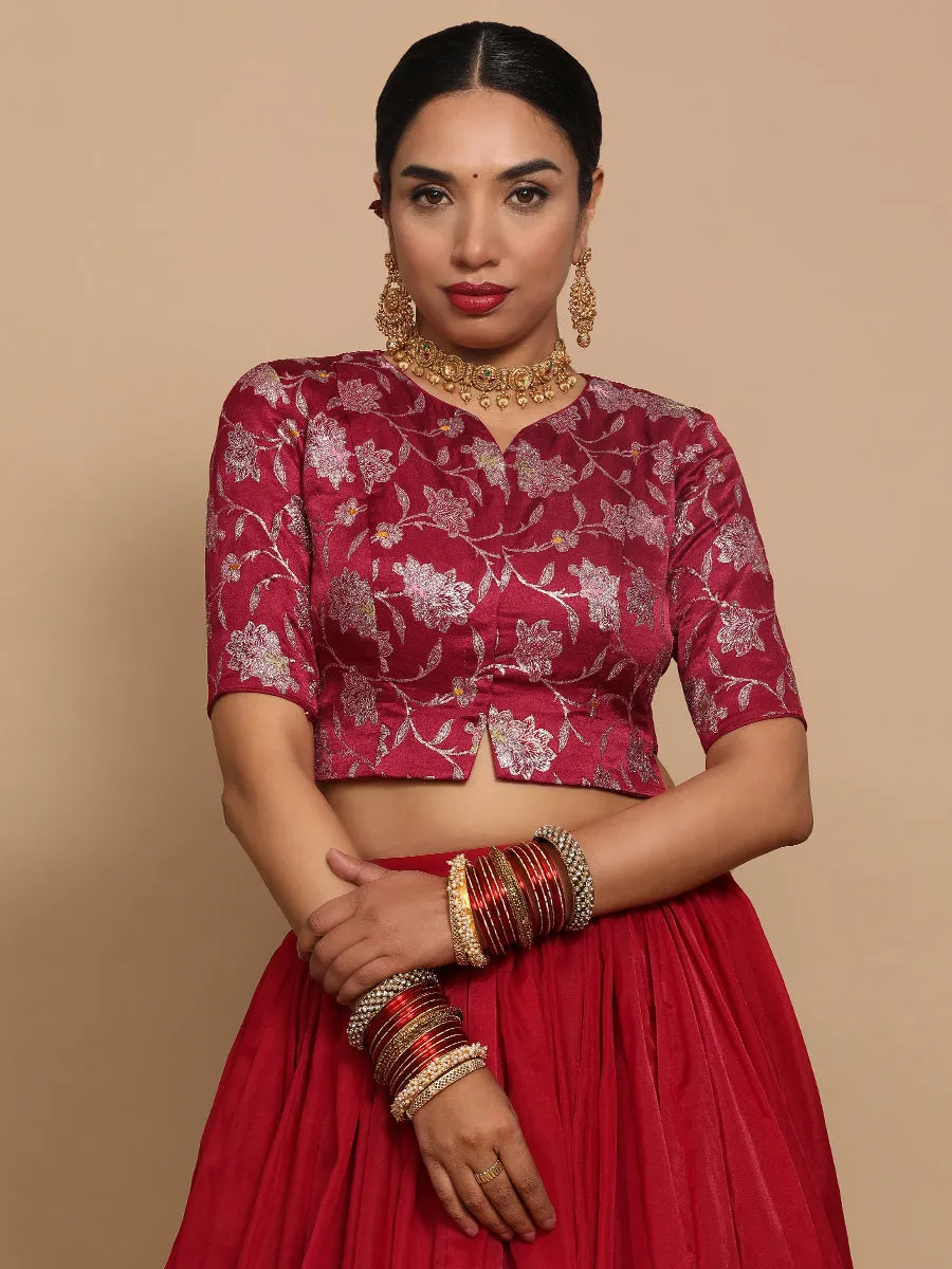 Riyana x Tyohaar | Elbow Sleeves Satin Viscose Saree Blouse in Red Meenakari Fabric