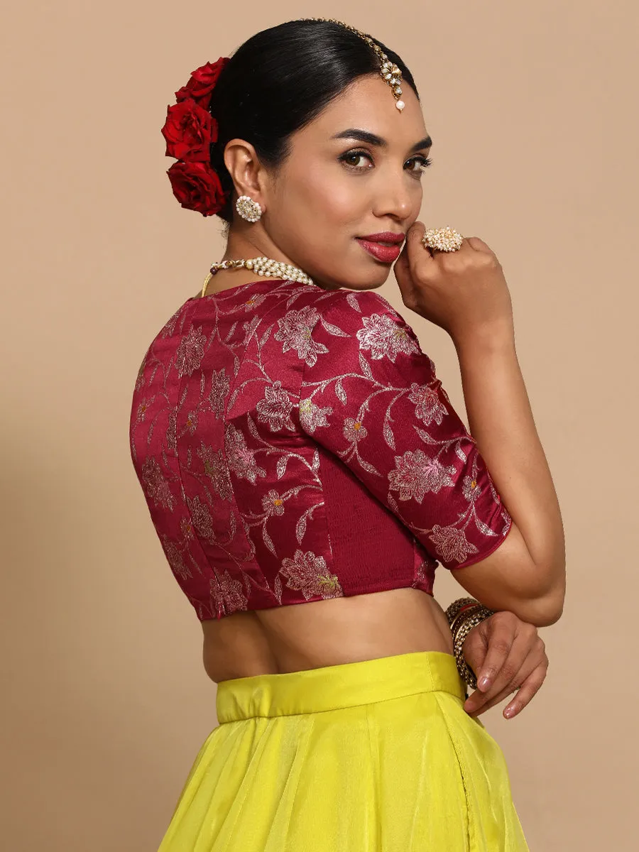 Shabnam x Tyohaar | Elbow Sleeves Satin Viscose Saree Blouse in Red Meenakari Fabric