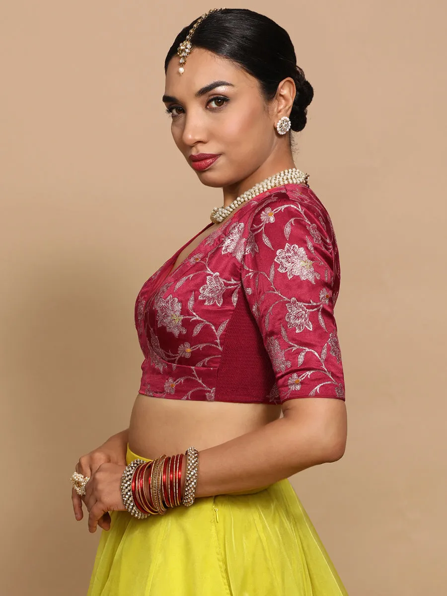 Shabnam x Tyohaar | Elbow Sleeves Satin Viscose Saree Blouse in Red Meenakari Fabric