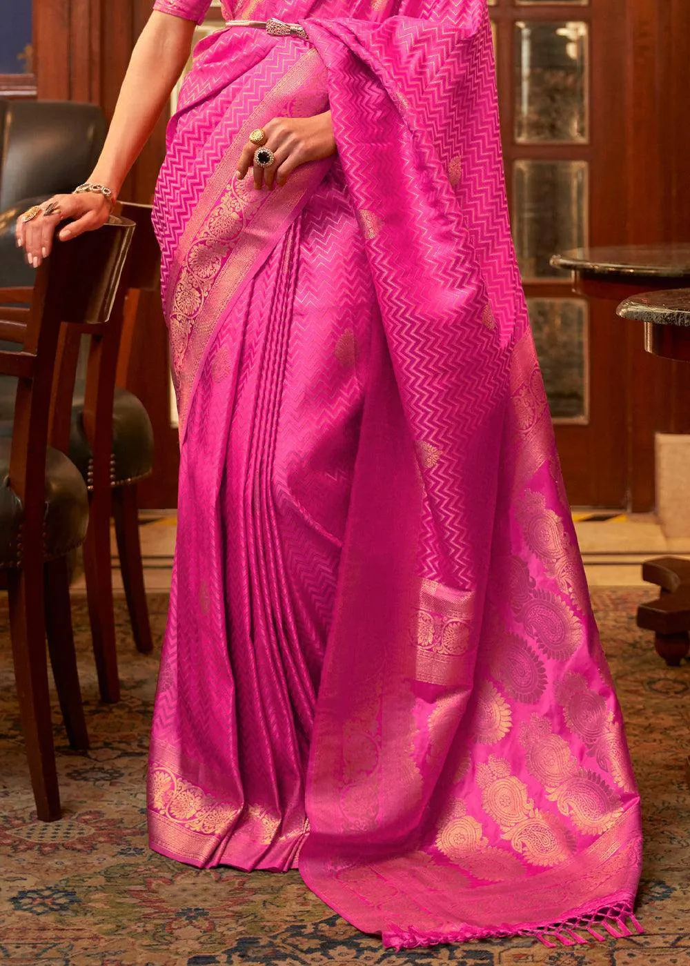 Shocking Pink Silk Saree with Stitched Blouse