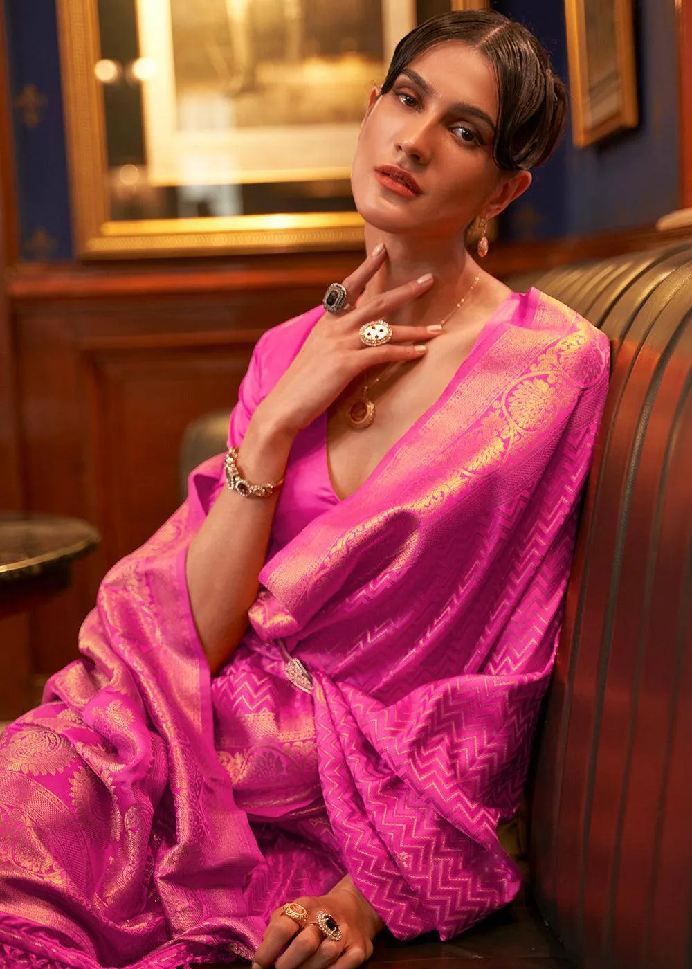 Shocking Pink Silk Saree with Stitched Blouse