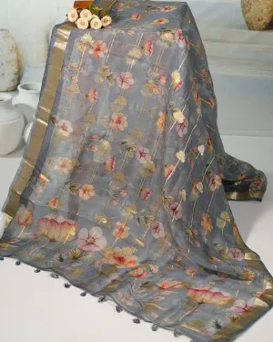 STONE GREY PRINTED ORGANZA SAREE