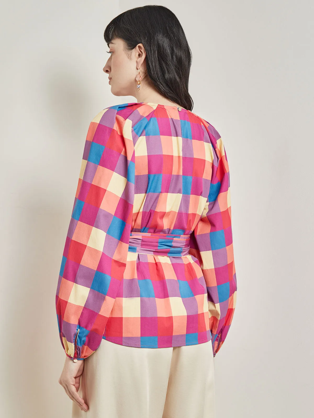 Tie Waist Blouse - Plaid Cotton Blend