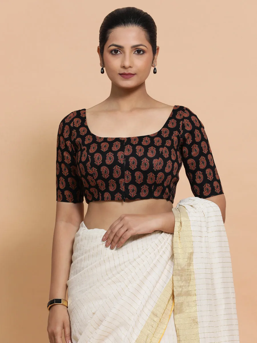 Upasana x Rozaana | Elbow Sleeves Cotton Saree Blouse in Black Mango Block Print Fabric