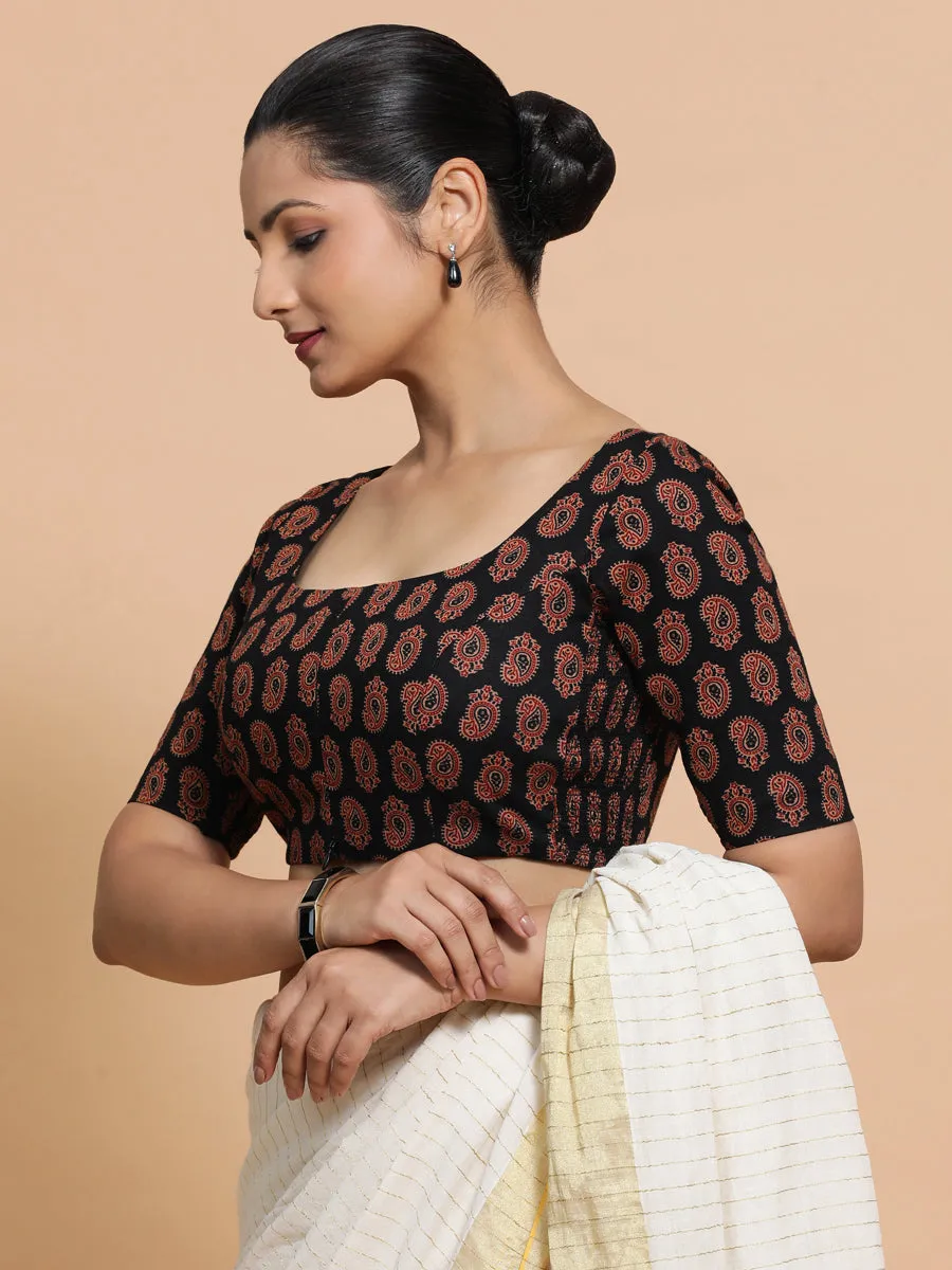 Upasana x Rozaana | Elbow Sleeves Cotton Saree Blouse in Black Mango Block Print Fabric