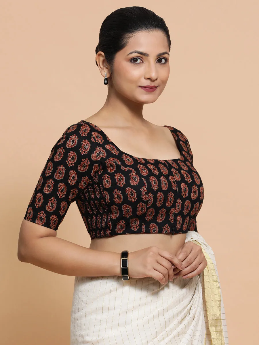 Upasana x Rozaana | Elbow Sleeves Cotton Saree Blouse in Black Mango Block Print Fabric