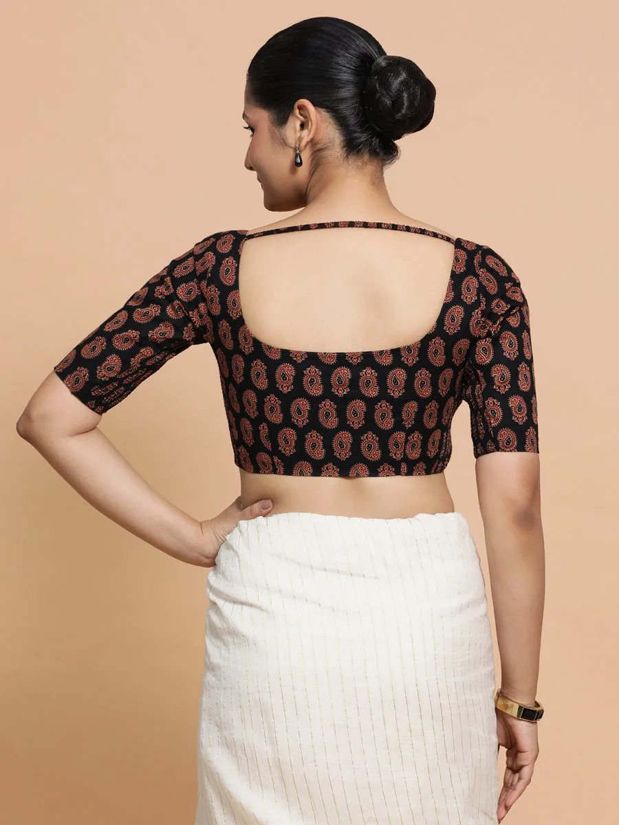 Upasana x Rozaana | Elbow Sleeves Cotton Saree Blouse in Black Mango Block Print Fabric