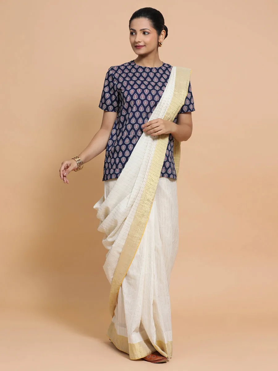 Vaishnavi x Rozaana | Short Sleeves Cotton Saree Blouse in Indigo Blue Spade Block Print Fabric