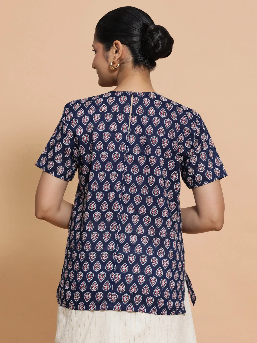 Vaishnavi x Rozaana | Short Sleeves Cotton Saree Blouse in Indigo Blue Spade Block Print Fabric