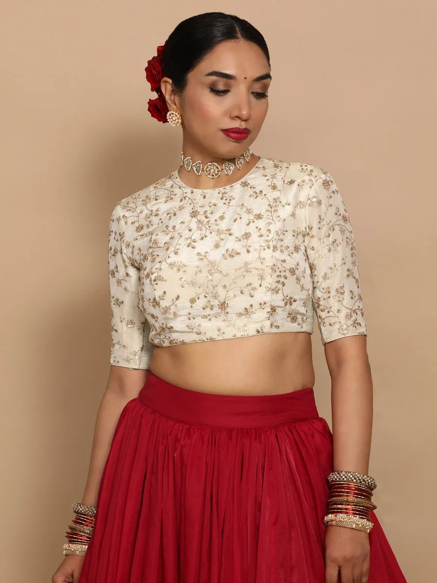 Veda x Tyohaar | Elbow Sleeves Satin Viscose Saree Blouse in Gold Vine Embroidery on Cream Tissue Fabric