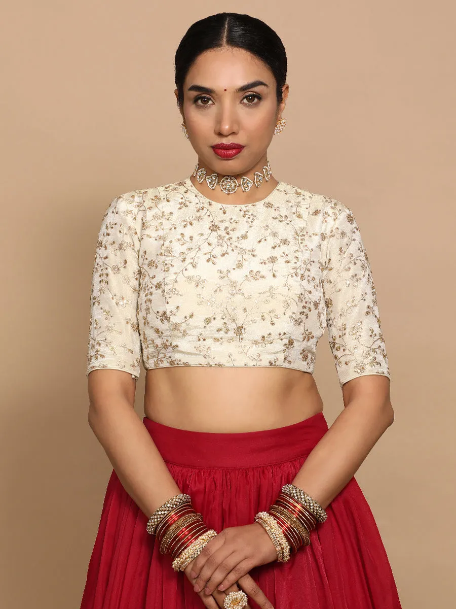 Veda x Tyohaar | Elbow Sleeves Satin Viscose Saree Blouse in Gold Vine Embroidery on Cream Tissue Fabric