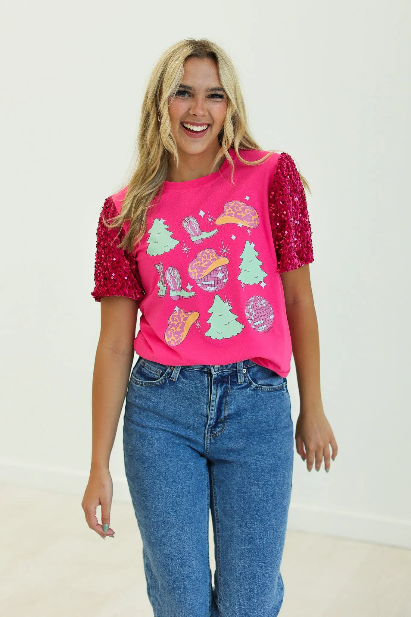 Western Christmas on Hot Pink T-Shirt with Velvet Sequin Sleeves