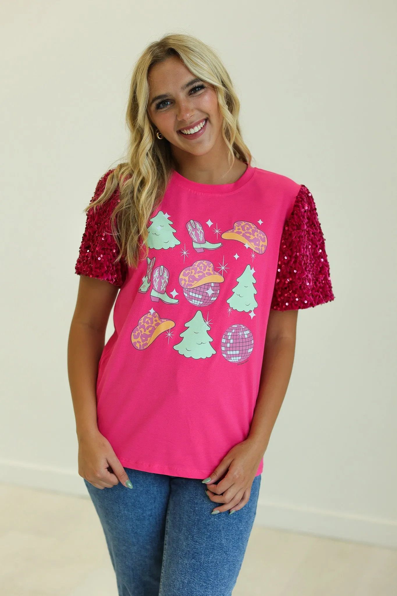 Western Christmas on Hot Pink T-Shirt with Velvet Sequin Sleeves