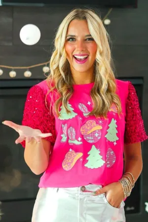 Western Christmas on Hot Pink T-Shirt with Velvet Sequin Sleeves