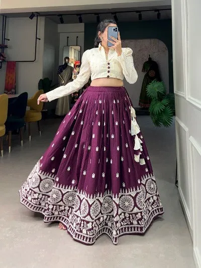 Wine & White Cotton Sequins Work Lehenga Set