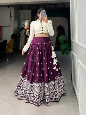 Wine & White Cotton Sequins Work Lehenga Set