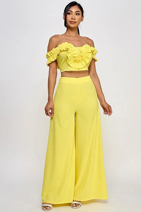 Yellow Off Shoulder Ruffle Detail Crop Top With Pants Set