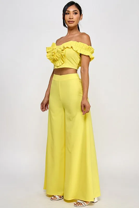 Yellow Off Shoulder Ruffle Detail Crop Top With Pants Set